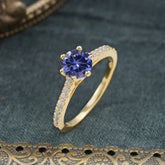 Classic Round Cut Tanzanite Engagement Ring Pave Bridal Ring
